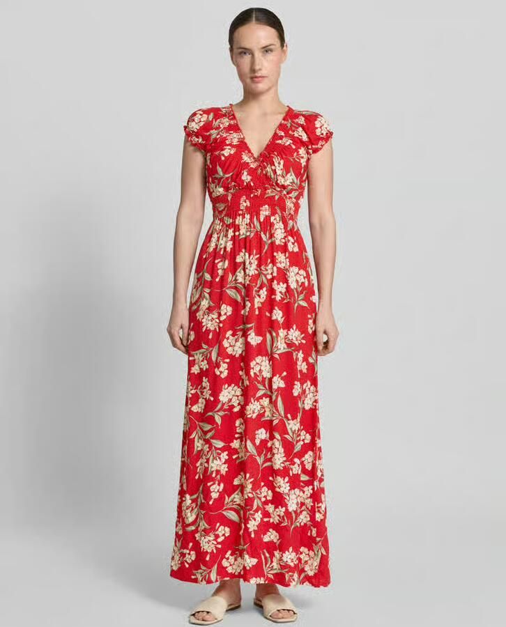 Apricot maxi-jurk van viscose met v-hals en smokdetails - Foto 2