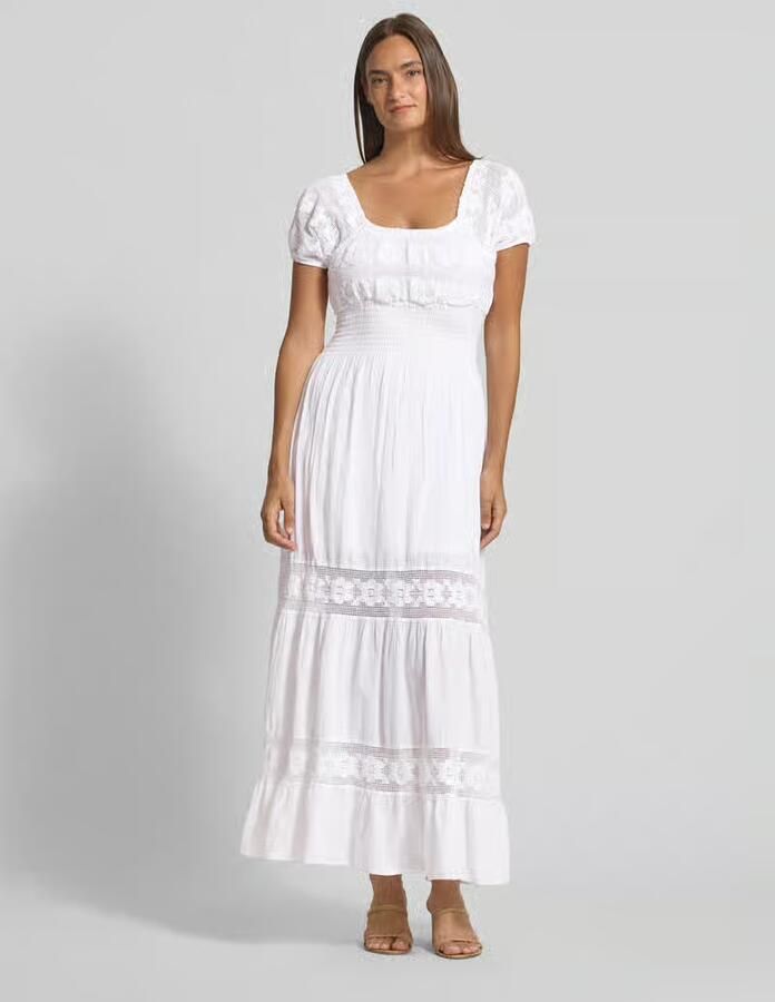 Apricot midi-jurk met smokdetails en ronde hals - Foto 2