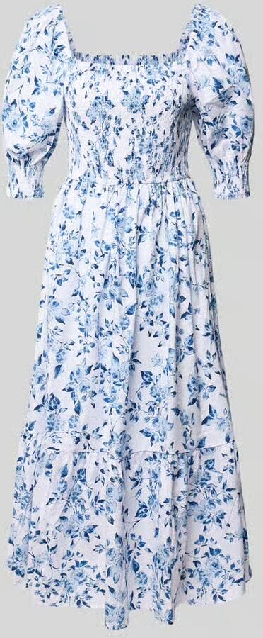 Apricot midi-jurk met vierkante hals en pofmouwen - Foto 2
