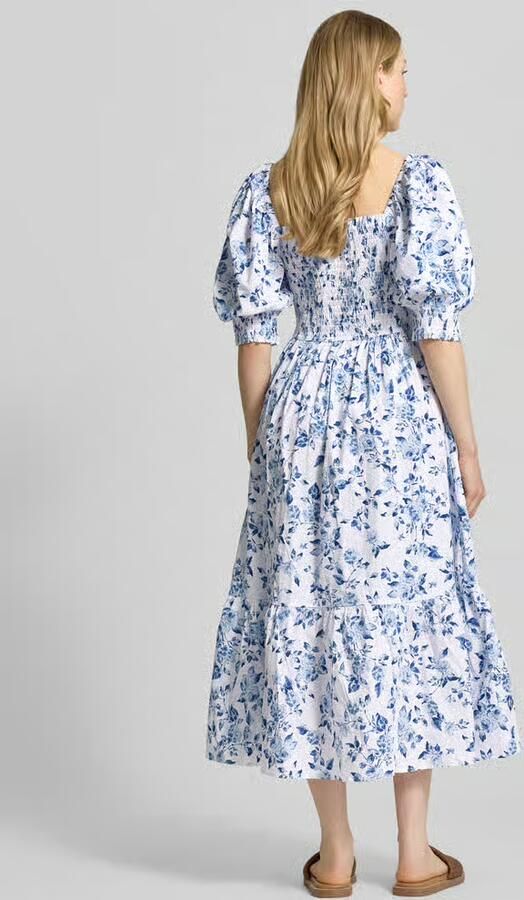 Apricot midi-jurk met vierkante hals en pofmouwen - Foto 3