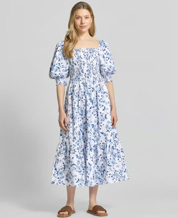 Apricot midi-jurk met vierkante hals en pofmouwen - Foto 2
