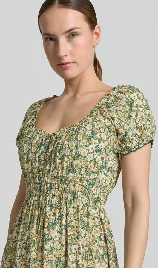 Apricot midi-jurk van viscose met mouwen met ruches