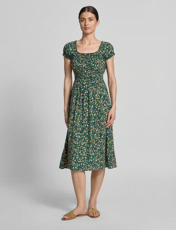 Apricot midi-jurk van viscose met smokdetails - Foto 2