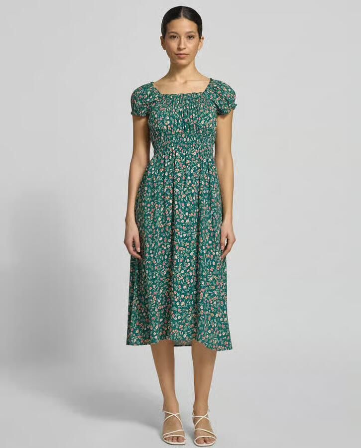 Apricot midi-jurk van viscose met smokdetails - Foto 2