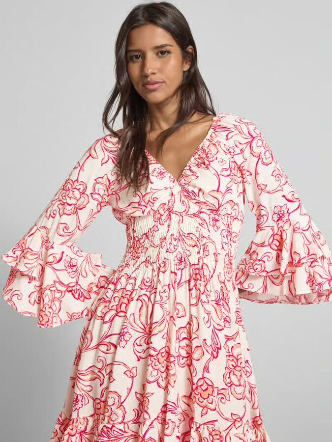 Apricot mini-jurk van viscose met V-hals