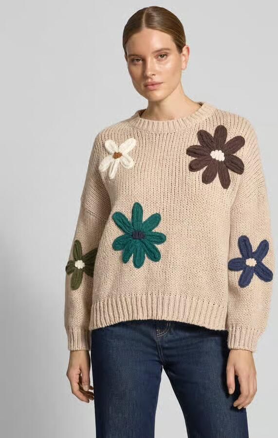 Apricot relaxed fit gebreide pullover met bloemenborduursel - Foto 3
