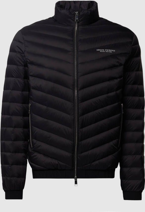 Emporio Armani Zwarte gewatteerde jas met hoge kraag en logo Black Heren