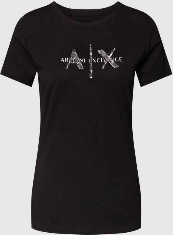 Armani Exchange Zwart Logo Versierd Katoenen T-Shirt Black Dames