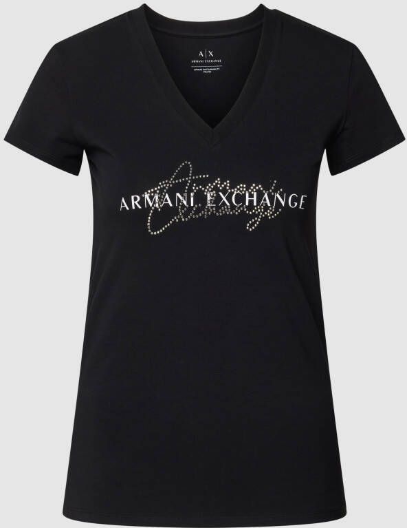 Armani Exchange Gestuderd Logo Katoenen T-Shirt Slim Fit V-Hals Korte Mouwen Black Dames