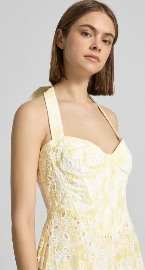 Bardot midi-jurk met halter en ajourwerk model 'POLLIE'