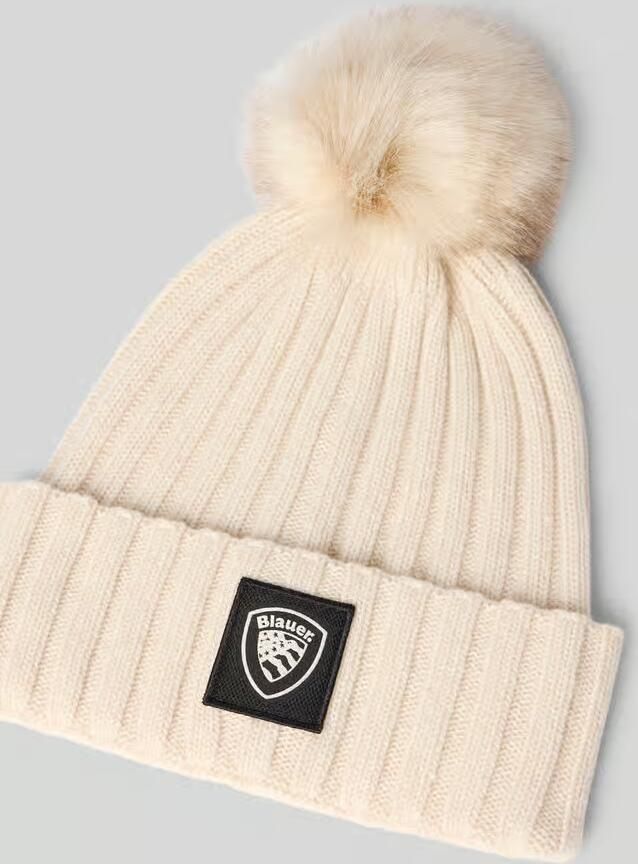 Blauer USA Gebreide muts met pompon en labeldetail model 'LIFE'