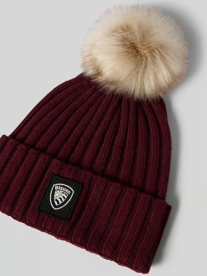Blauer USA Gebreide muts met pompon en labeldetail model 'LIFE'