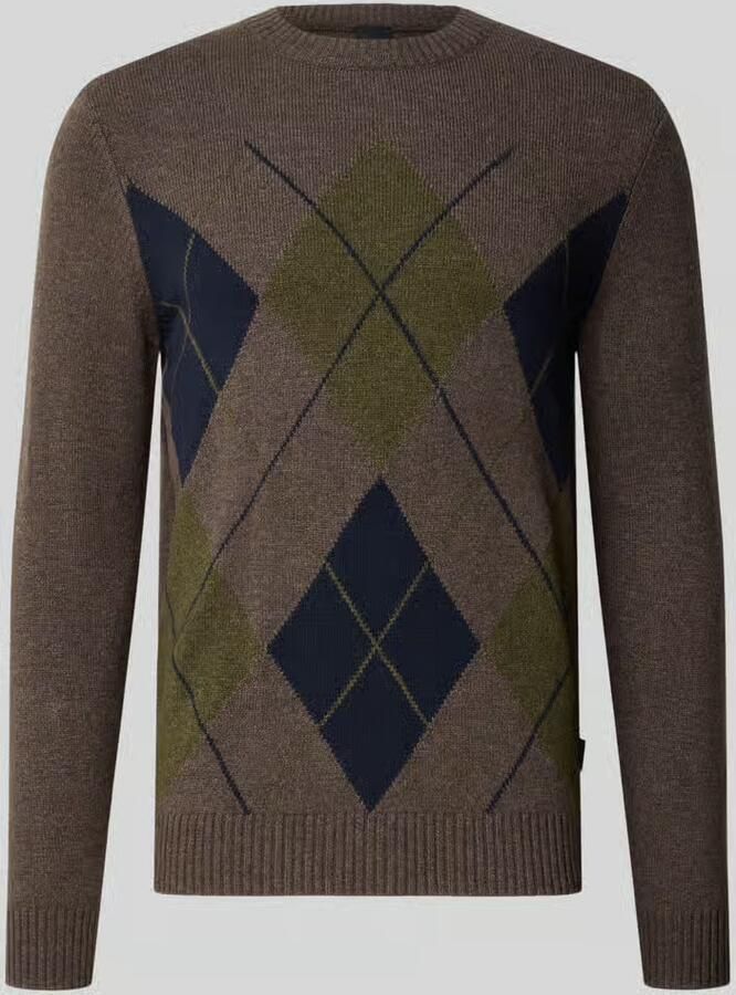 Bugatti Regular fit gebreide pullover van wolmix met ruitmotief
