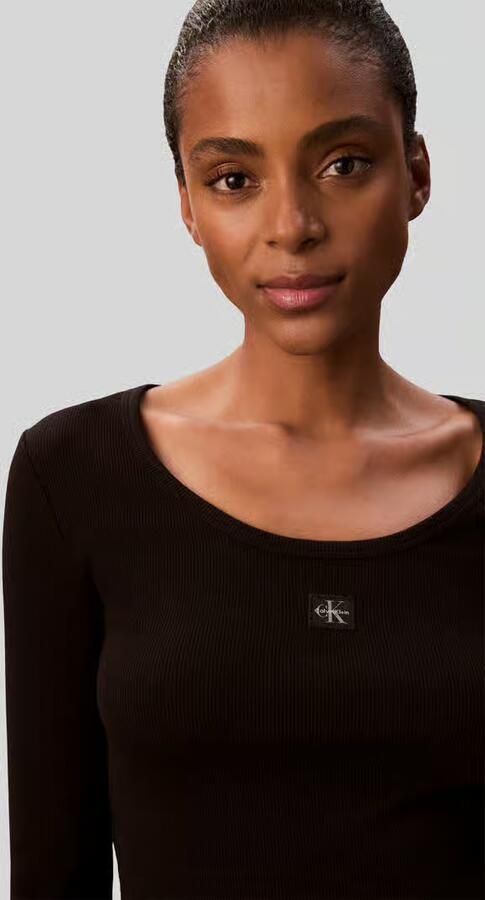 CALVIN KLEIN Dames Tops & T-shirts Ls Woven Label 2x2 Rib Scoop Nec Zwart - Foto 10