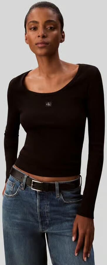 CALVIN KLEIN Dames Tops & T-shirts Ls Woven Label 2x2 Rib Scoop Nec Zwart - Foto 11