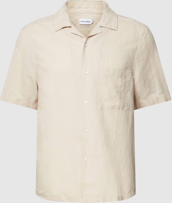 Calvin Klein Linnen Katoen Cubaanse Korte Mouw Shirt Beige Heren