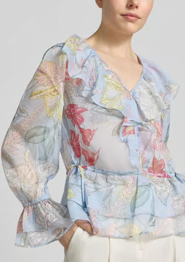 Comma regular fit blouse met volants en trompetmouwen