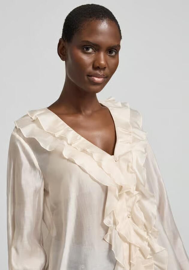 Comma regular fit blouse van lyocellmix met volants