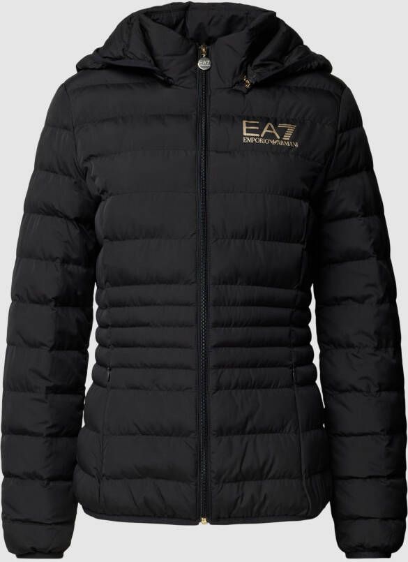 Emporio Armani EA7 Zwarte gewatteerde jas met capuchon en klein logo Black Dames