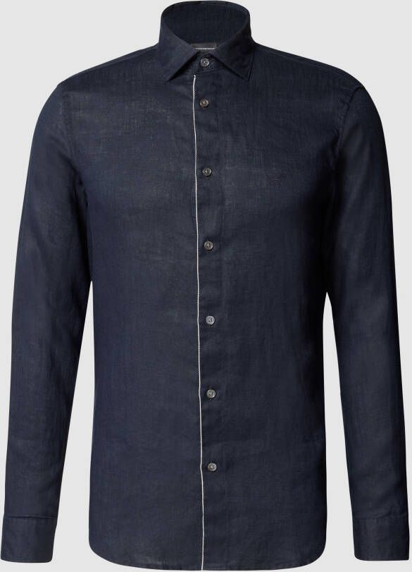 Emporio Armani Regular Fit Blauw Linnen Overhemd met Adelaar Logo Black Heren