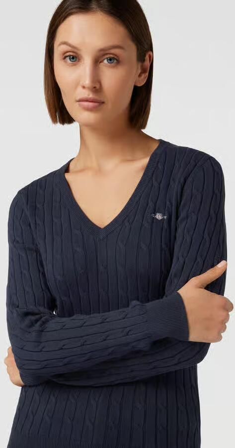Gant Gebreide trui STRETCH COTTON CABLE V-NECK met logoborduursel op borsthoogte - Foto 10