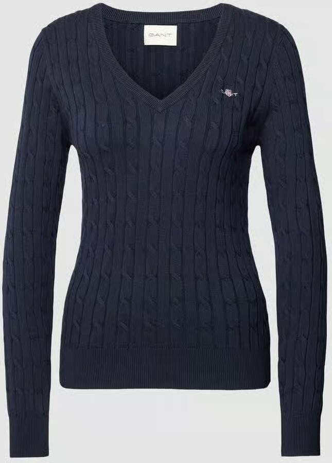 Gant Gebreide trui STRETCH COTTON CABLE V-NECK met logoborduursel op borsthoogte - Foto 7