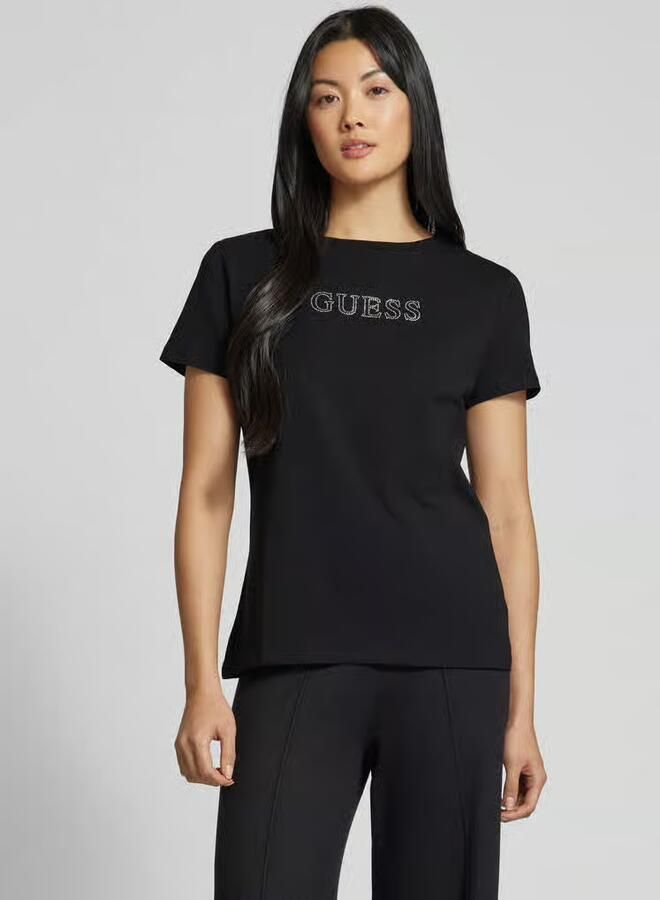Guess Zwarte Katoenen T-shirt met Korte Mouwen en Strass Details Black Dames - Foto 2