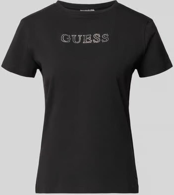Guess Zwarte Katoenen T-shirt met Korte Mouwen en Strass Details Black Dames