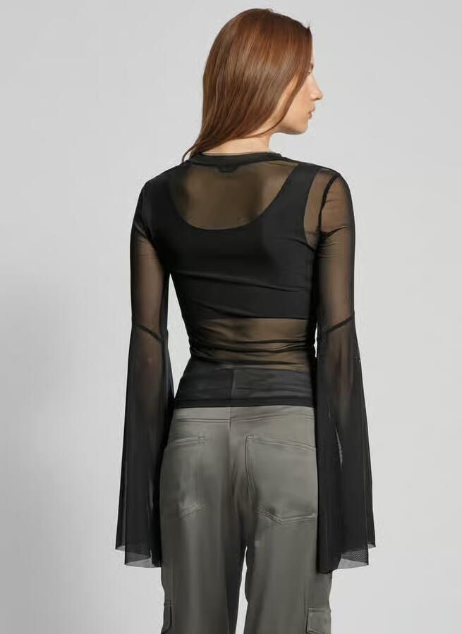 Guess flared shirt met lange mouwen in semitransparant design met siersteentjes
