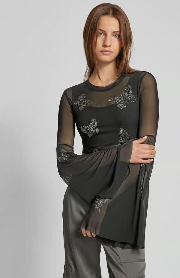 Guess flared shirt met lange mouwen in semitransparant design met siersteentjes - Foto 2