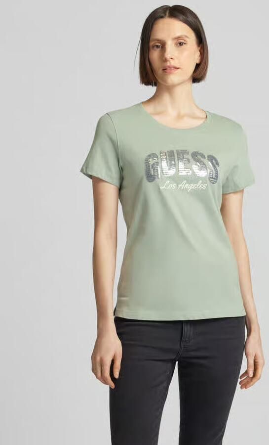 Guess Paillet Logo Katoenen T-Shirt Groen Green Dames - Foto 2
