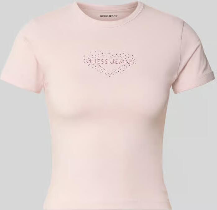 GUESS Jeans Slim Fit t-shirt met strass-steentjes model 'Heart Baby'