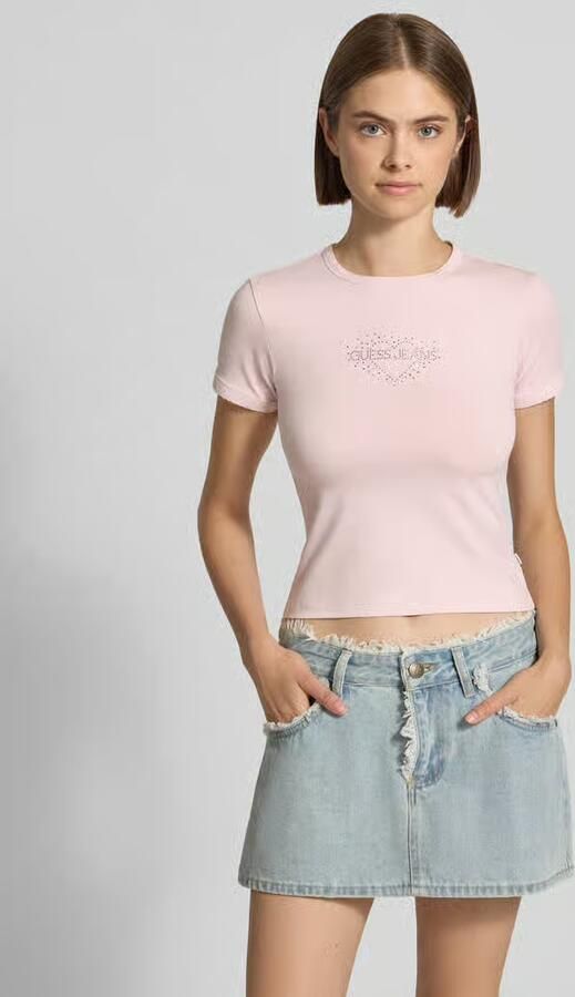GUESS Jeans Slim Fit t-shirt met strass-steentjes model 'Heart Baby' - Foto 3