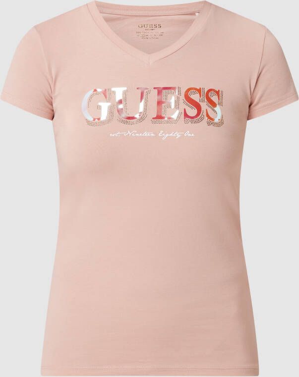 Guess Stretch Logo Strass T-Shirt Roses Pink Dames