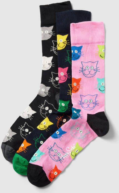 Happy Socks Sokken met all-over print in een set van 3 stuks model 'Mixed Cat'