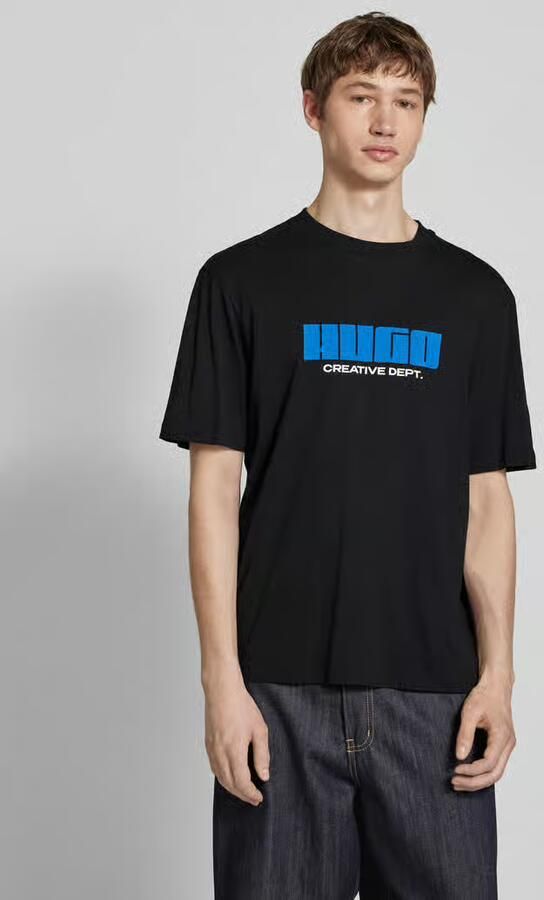 Hugo Blue T-shirt met labelprint model 'Newromi' - Foto 2