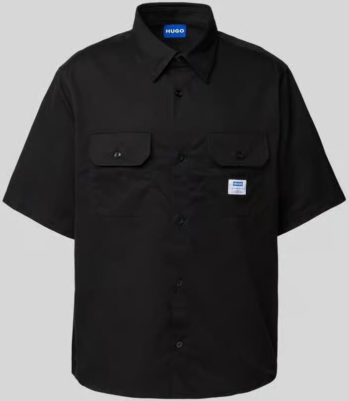 OTTO HUGO Blue Overhemd met korte mouwen Ekyno met contrasterend logo-badge op de borst
