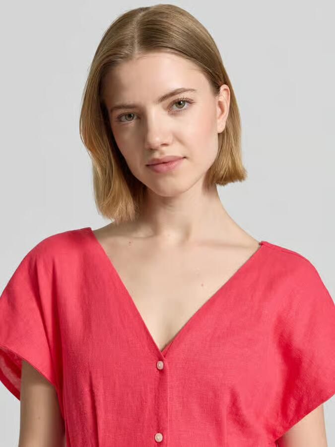 Ichi midi-jurk van mix van linnen en viscose met V-hals