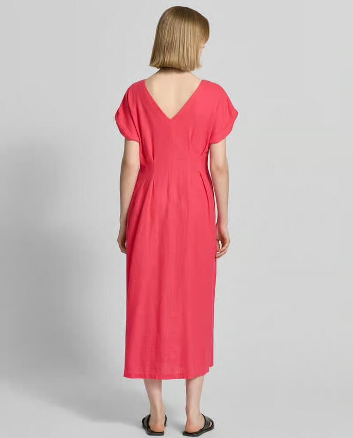 Ichi midi-jurk van mix van linnen en viscose met V-hals