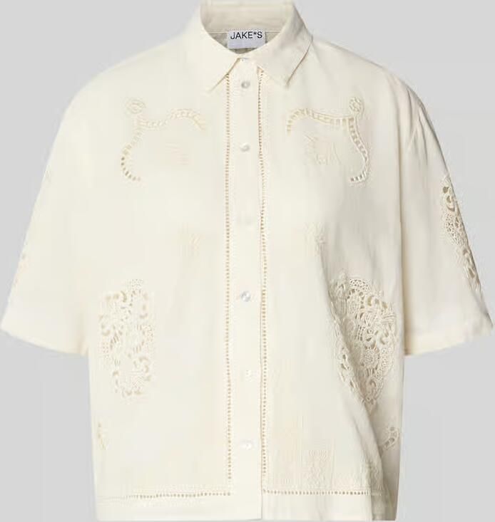 Jake*s Casual Blouse van mix van katoen en linnen met motiefstitching