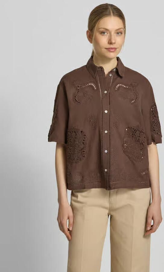 Jake*s Casual Blouse van mix van katoen en linnen met motiefstitching - Foto 3
