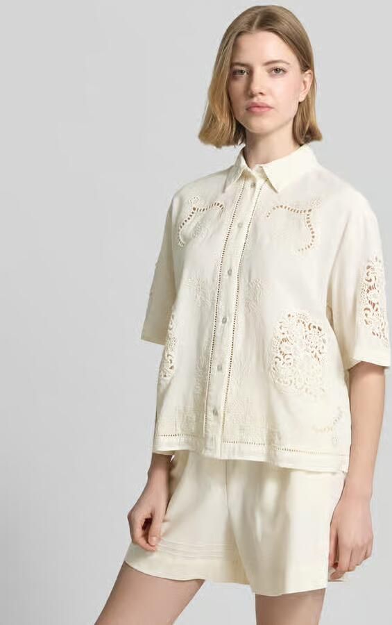 Jake*s Casual Blouse van mix van katoen en linnen met motiefstitching - Foto 2