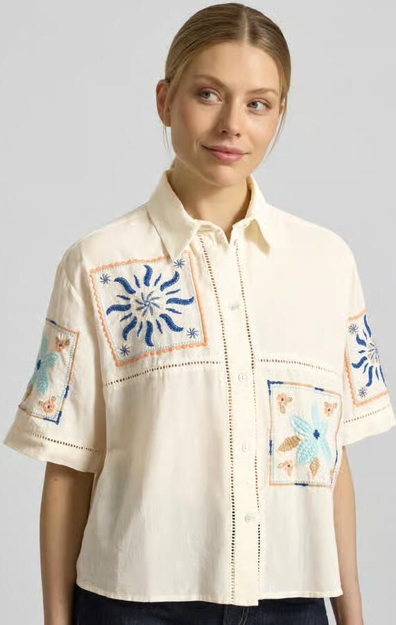 Jake*s Casual boxy fit blouse van mix van katoen en linnen