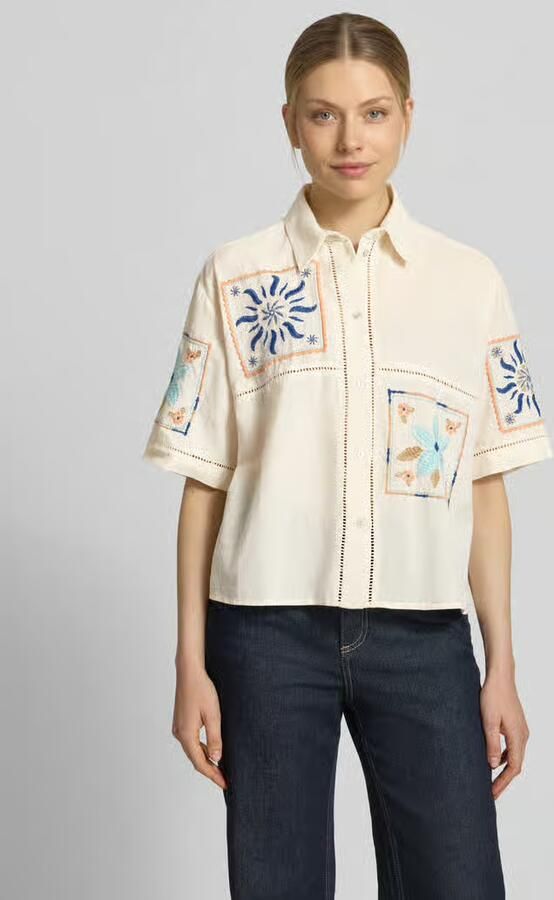 Jake*s Casual boxy fit blouse van mix van katoen en linnen - Foto 3