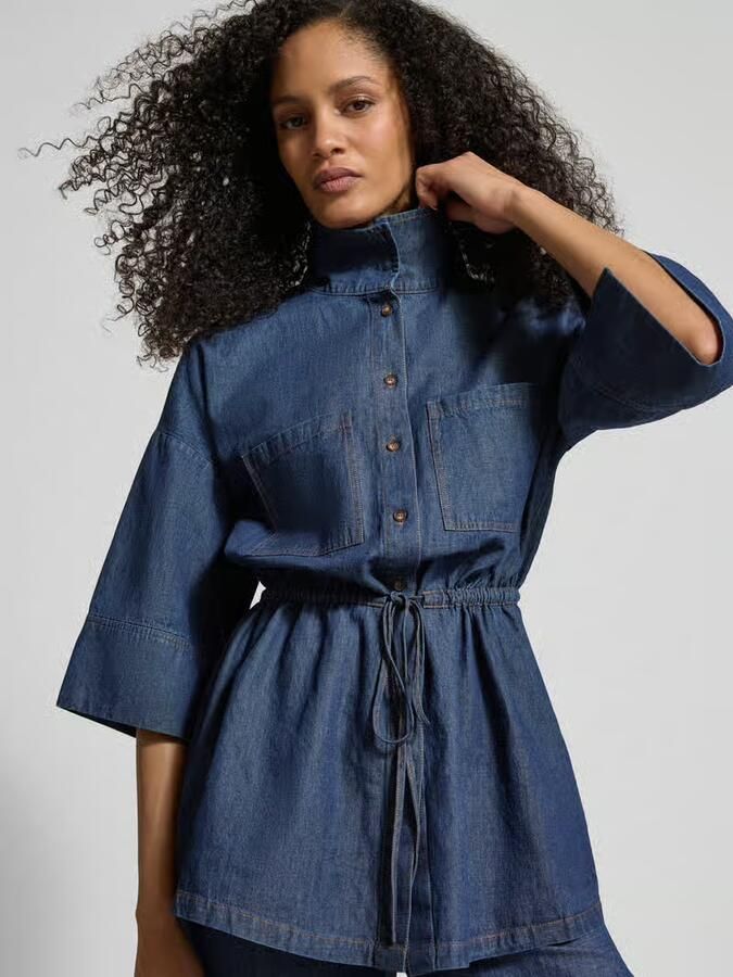 Jake*s Collection Jeansblouse met opstaande kraag en vetersluiting