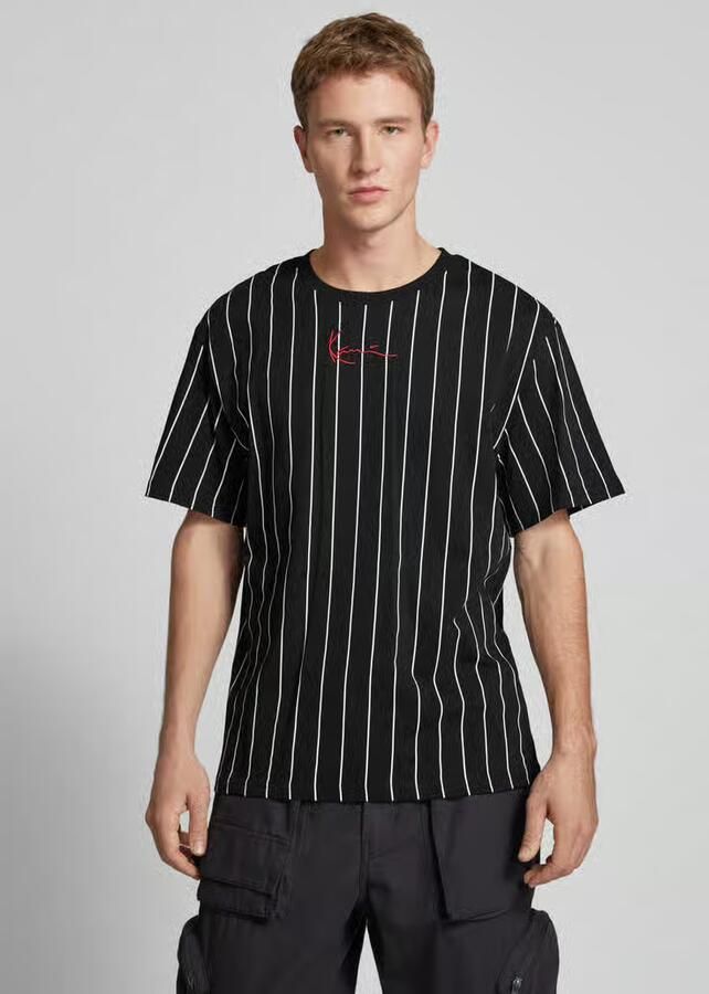 Karl Kani Zwarte Gestreepte Tee met Handtekening Black Heren