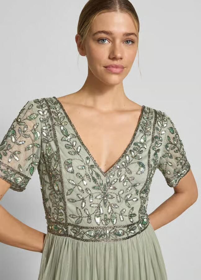 Lace & Beads Knie-lange jurk met bloemige paillettenversiering