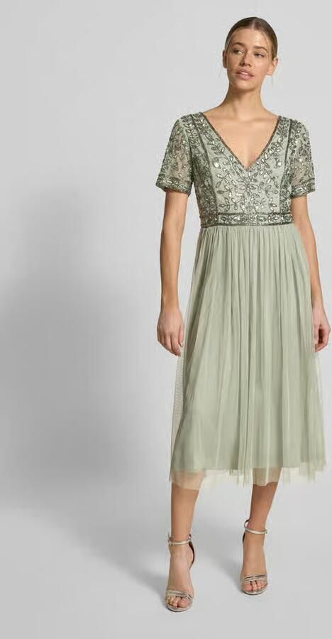 Lace & Beads Knie-lange jurk met bloemige paillettenversiering - Foto 3