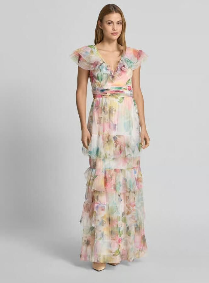 Lace & Beads Maxi-jurk in laagjeslook met tailleband - Foto 3