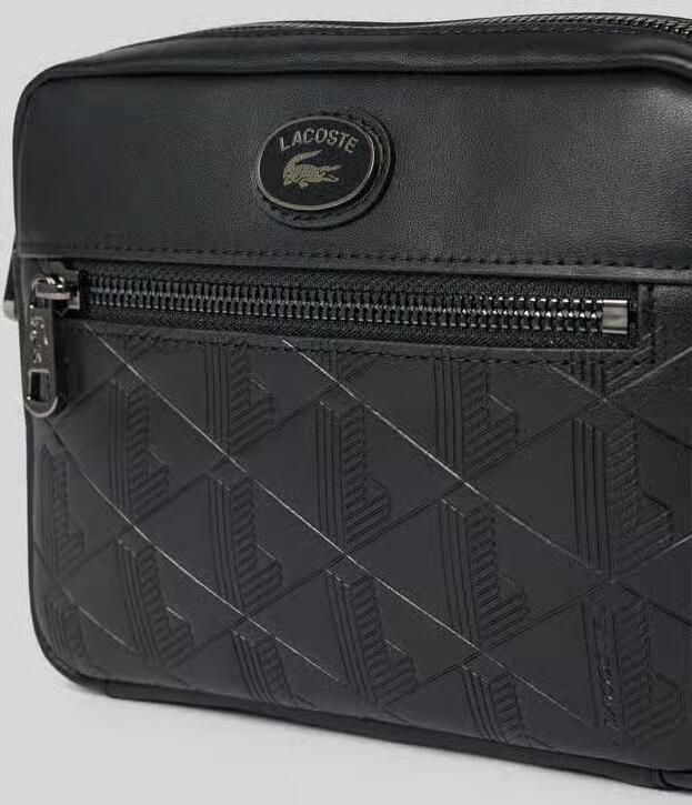 Lacoste Leren schoudertas met innovatief ontwerp en kenmerkend monogram Black Heren